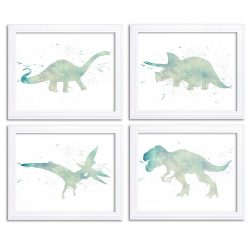 INSTANT DOWNLOAD Watercolor Dinosaur Prints Dinosaur Wall Art Set of 4 Icy Turquoise Blue Children Nursery Art Poster Home Decor Painting