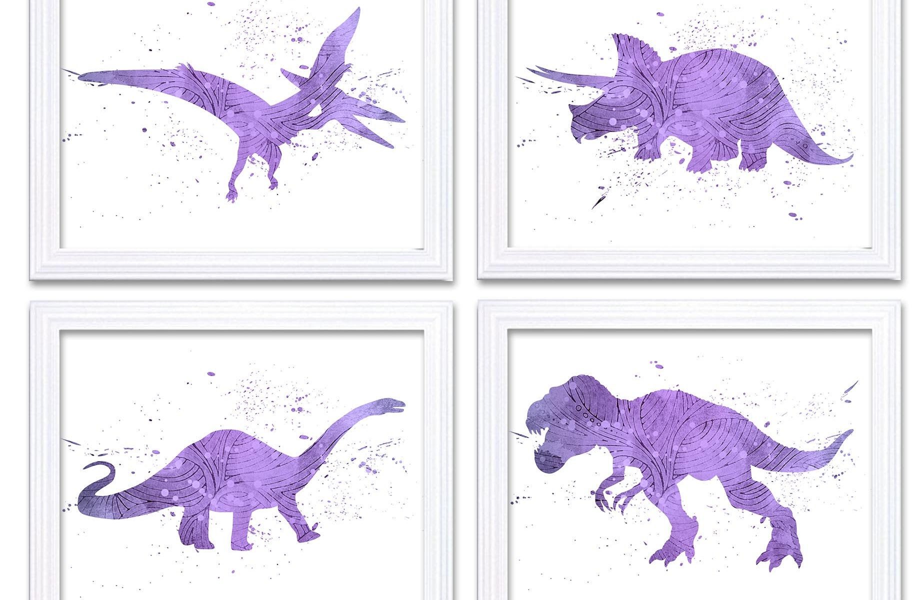 INSTANT DOWNLOAD Watercolor Dinosaur Prints Dinosaur Wall Art Set of 4 Lilac Purple Children Nursery Art Poster Home Decor Painting