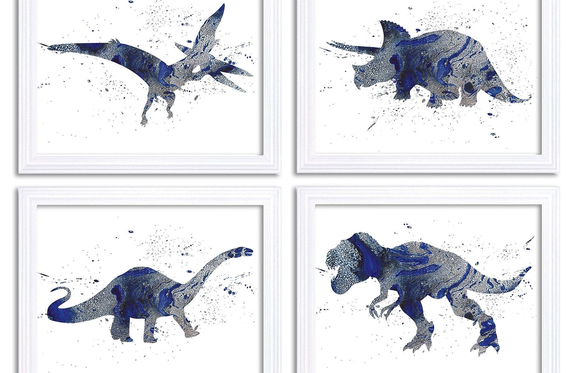 INSTANT DOWNLOAD Watercolor Dinosaur Prints Dinosaur Wall Art Set of 4 Navy Blue Silver Grey Children Nursery Art Poster Home Decor Painting