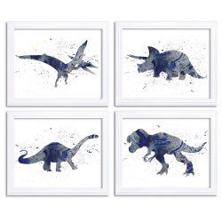 INSTANT DOWNLOAD Watercolor Dinosaur Prints Dinosaur Wall Art Set of 4 Navy Blue Silver Grey Children Nursery Art Poster Home Decor Painting