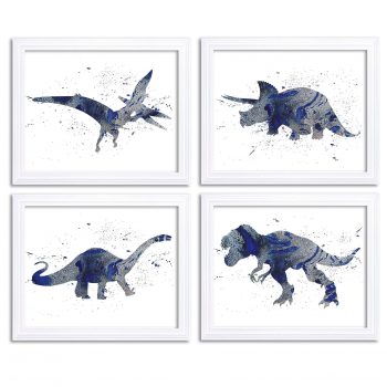 INSTANT DOWNLOAD Watercolor Dinosaur Prints Dinosaur Wall Art Set of 4 Navy Blue Silver Grey Children Nursery Art Poster Home Decor Painting