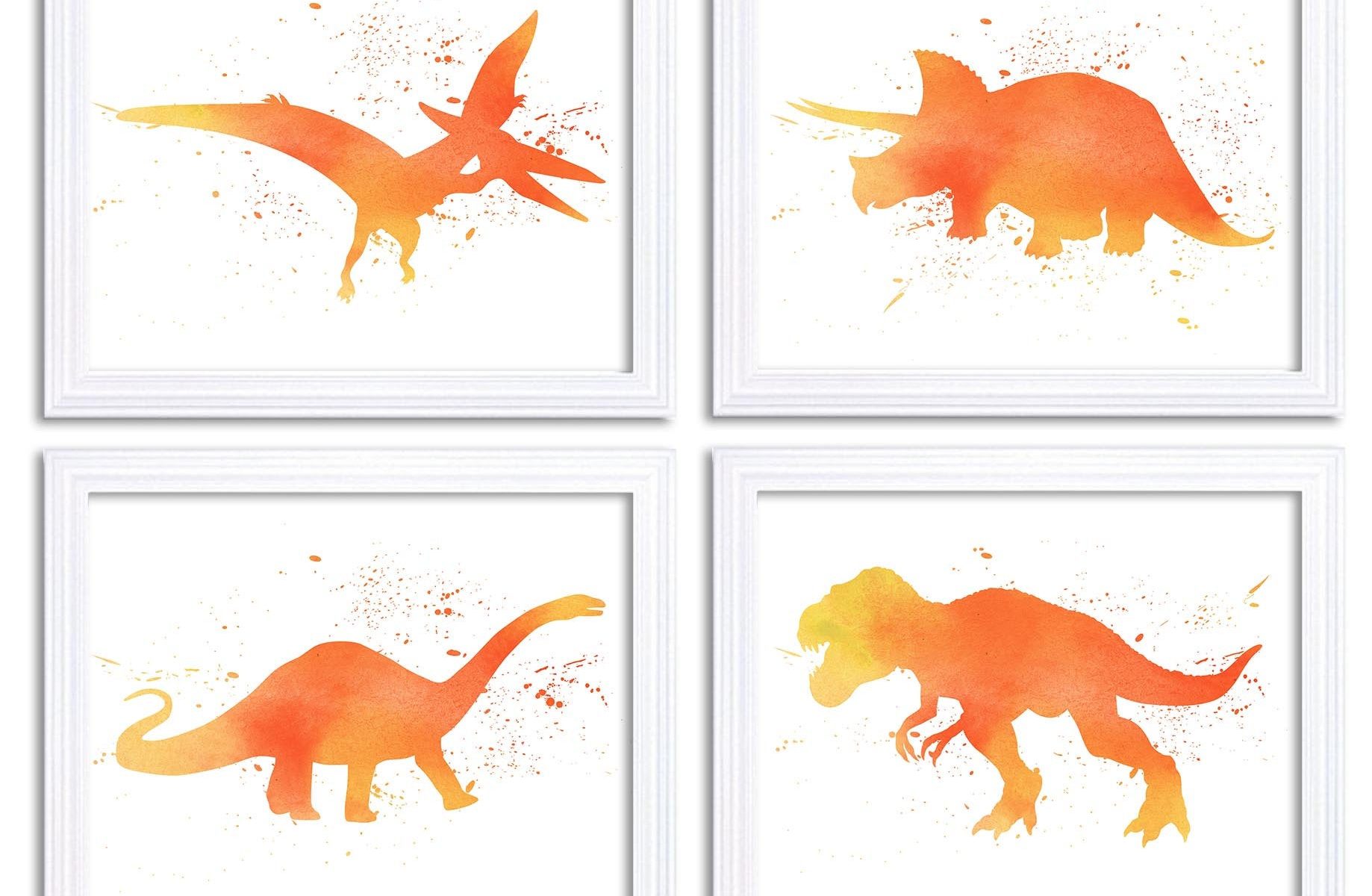 INSTANT DOWNLOAD Watercolor Dinosaur Prints Dinosaur Wall Art Set of 4 Orange Coral Yellow Children Nursery Art Poster Home Decor Painting