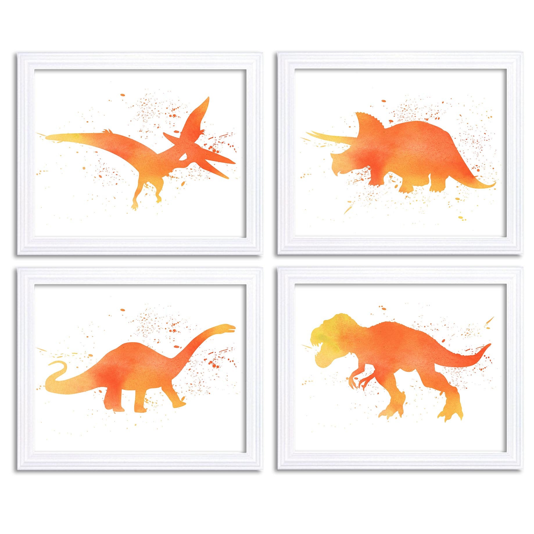 INSTANT DOWNLOAD Watercolor Dinosaur Prints Dinosaur Wall Art Set of 4 Orange Coral Yellow Children Nursery Art Poster Home Decor Painting