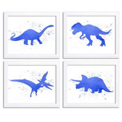 INSTANT DOWNLOAD Watercolor Dinosaur Prints Dinosaur Wall Art Set of 4 Royal Blue Children Nursery Art Poster Home Decor Painting