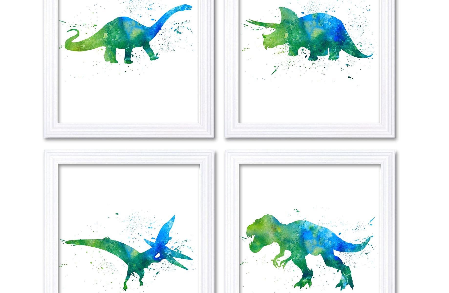 INSTANT DOWNLOAD Watercolor Dinosaur Prints Portrait Dinosaur Wall Art Set of 4 Children Nursery Poster Green Turquoise Blue Painting