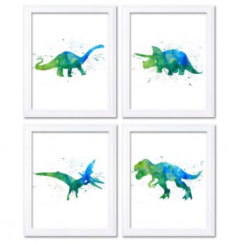 INSTANT DOWNLOAD Watercolor Dinosaur Prints Portrait Dinosaur Wall Art Set of 4 Children Nursery Poster Green Turquoise Blue Painting