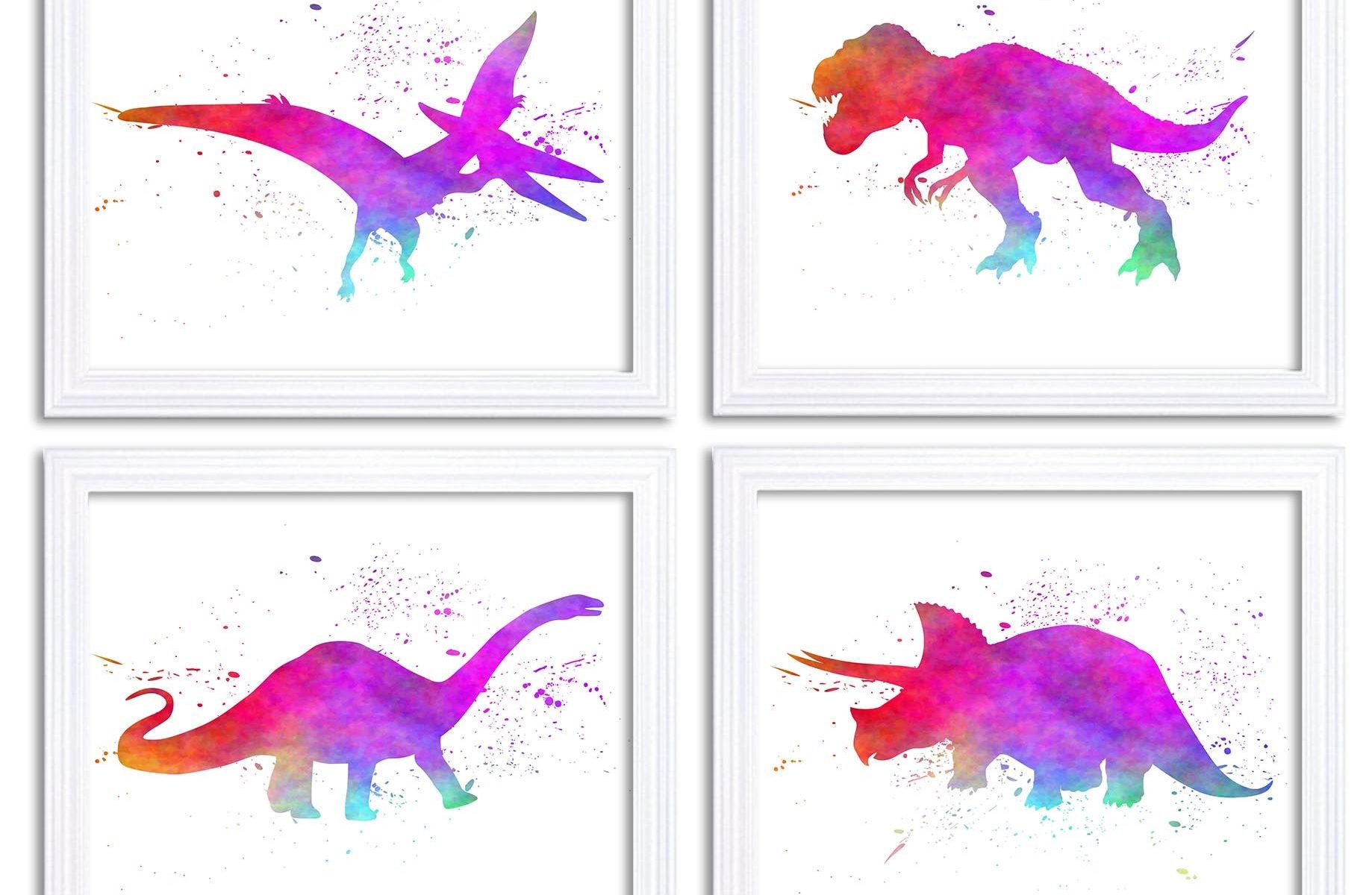 INSTANT DOWNLOAD Watercolor Dinosaur Prints Wall Art Set of 4 Purple Red Blue Orange Children Nursery Art Poster Home Decor Painting