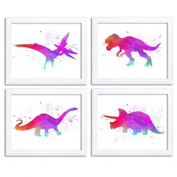 INSTANT DOWNLOAD Watercolor Dinosaur Prints Wall Art Set of 4 Purple Red Blue Orange Children Nursery Art Poster Home Decor Painting