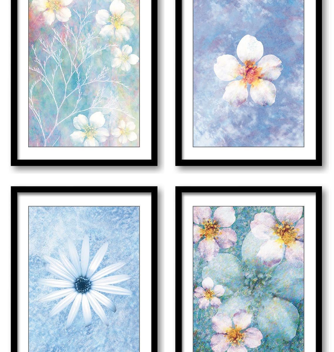 INSTANT DOWNLOAD White Blue Flowers Bathroom Art Print Colorful Set of 4 Elegant Watercolor Painting Wall Decor Bedroom Living Room