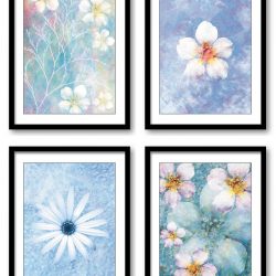 INSTANT DOWNLOAD White Blue Flowers Bathroom Art Print Colorful Set of 4 Elegant Watercolor Painting Wall Decor Bedroom Living Room