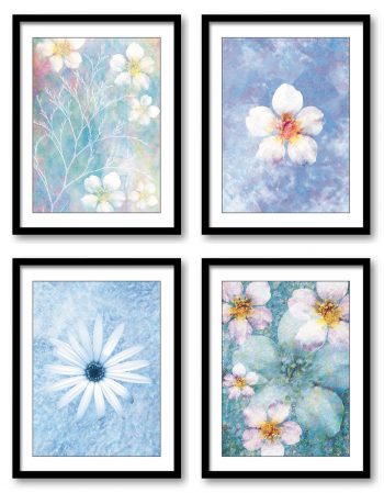 INSTANT DOWNLOAD White Blue Flowers Bathroom Art Print Colorful Set of 4 Elegant Watercolor Painting Wall Decor Bedroom Living Room