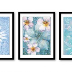 INSTANT DOWNLOAD White Blue Flowers Leaves Set of 3 Bathroom Art Print Colorful Elegant Watercolor Painting Wall Decor Bedroom Living Room