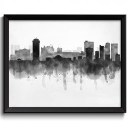 INSTANT DOWNLOAD Winnipeg Skyline Manitoba Canada Cityscape Art Print Poster Black White Grey Watercolor Painting