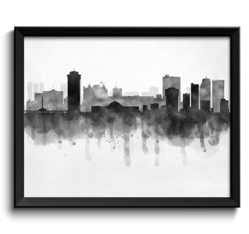 INSTANT DOWNLOAD Winnipeg Skyline Manitoba Canada Cityscape Art Print Poster Black White Grey Watercolor Painting