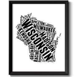 INSTANT DOWNLOAD Wisconsin Map State Text Word Cloud Black White Poster Print USA United States Modern Print Landscape Wall Art Painting