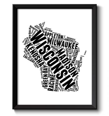 INSTANT DOWNLOAD Wisconsin Map State Text Word Cloud Black White Poster Print USA United States Modern Print Landscape Wall Art Painting