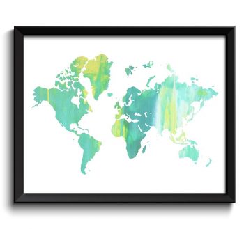 INSTANT DOWNLOAD World Map Print Green Teal Yellow Turqouse Watercolor Poster Print Globe Modern Abstract Landscape Art Painting