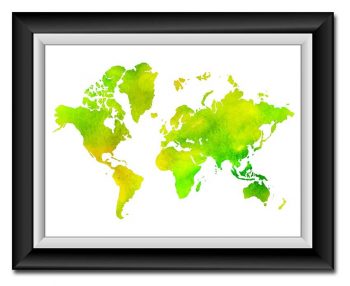 INSTANT DOWNLOAD World Map Print Lime Green Yellow Watercolor Poster Print Globe Modern Abstract Landscape Art Painting