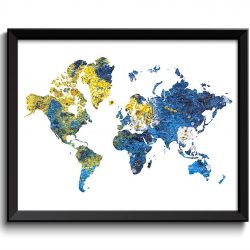 INSTANT DOWNLOAD World Map Print Navy Blue Yellow Watercolor Poster Print Globe Modern Abstract Landscape Art Painting