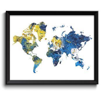 INSTANT DOWNLOAD World Map Print Navy Blue Yellow Watercolor Poster Print Globe Modern Abstract Landscape Art Painting