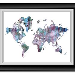 INSTANT DOWNLOAD World Map Print Pink Blue Purple Green Black Watercolor Poster Print Globe Modern Abstract Landscape Art Painting