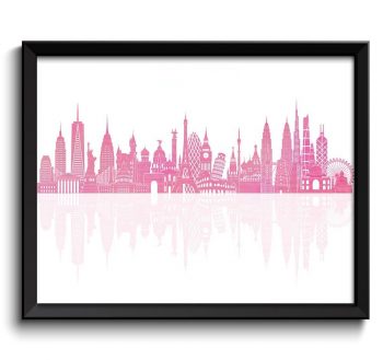 INSTANT DOWNLOAD World Skyline Bright Pink Watercolor Painting City Cityscape Famous Landmarks World Poster World Print Globe Landscape Art