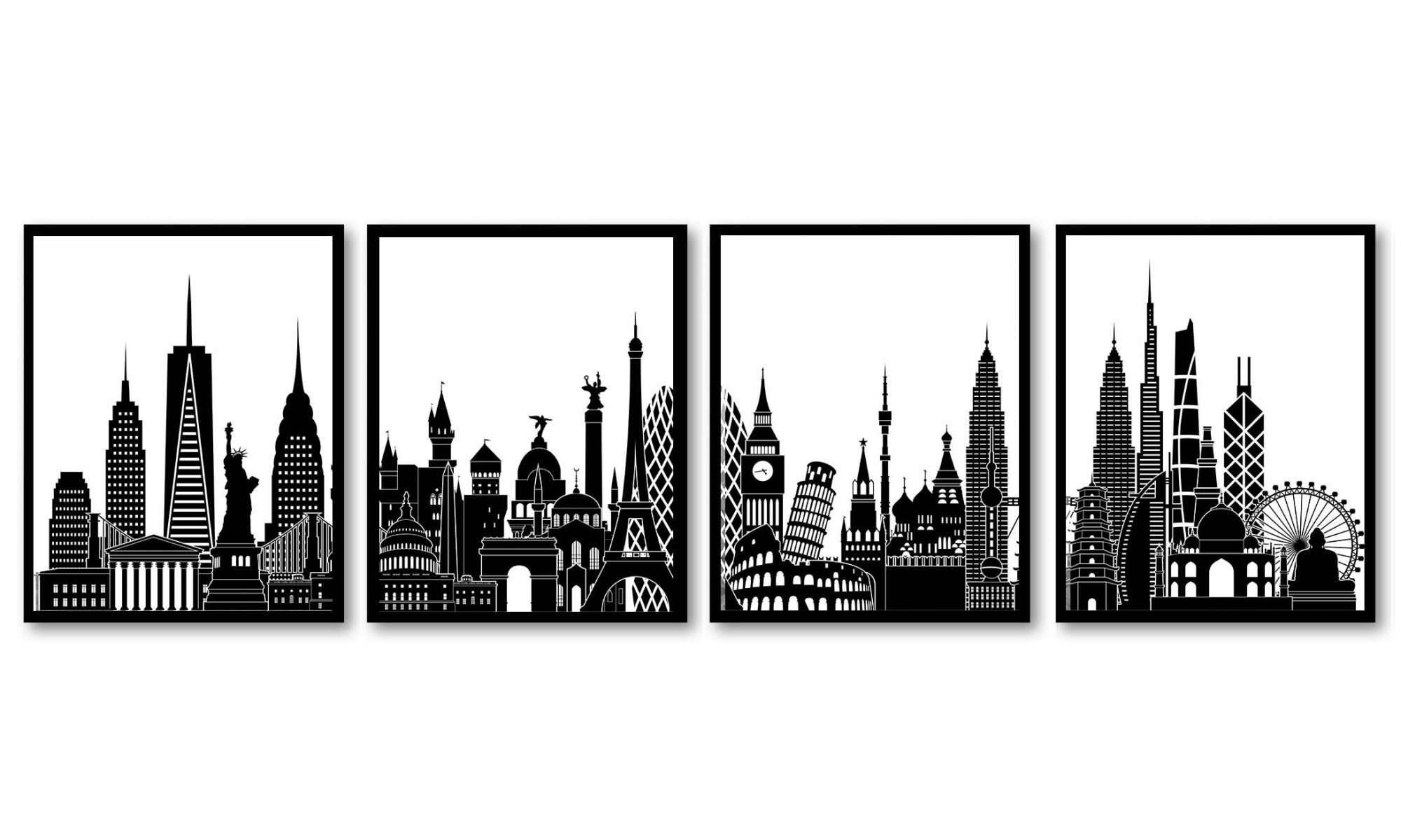 INSTANT DOWNLOAD World Skyline City Black White Set of 4  Cityscape Famous Landmarks Poster Print Globe Map Modern Landscape Art Painting