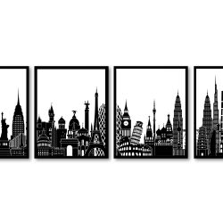 INSTANT DOWNLOAD World Skyline City Black White Set of 4  Cityscape Famous Landmarks Poster Print Globe Map Modern Landscape Art Painting