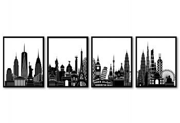 INSTANT DOWNLOAD World Skyline City Black White Set of 4  Cityscape Famous Landmarks Poster Print Globe Map Modern Landscape Art Painting