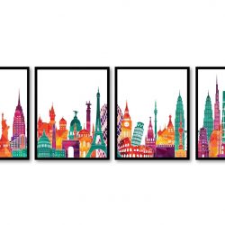 INSTANT DOWNLOAD World Skyline City Colorful Set of 4 Cityscape Famous Landmarks Poster Print Globe Map Modern Landscape Art Painting