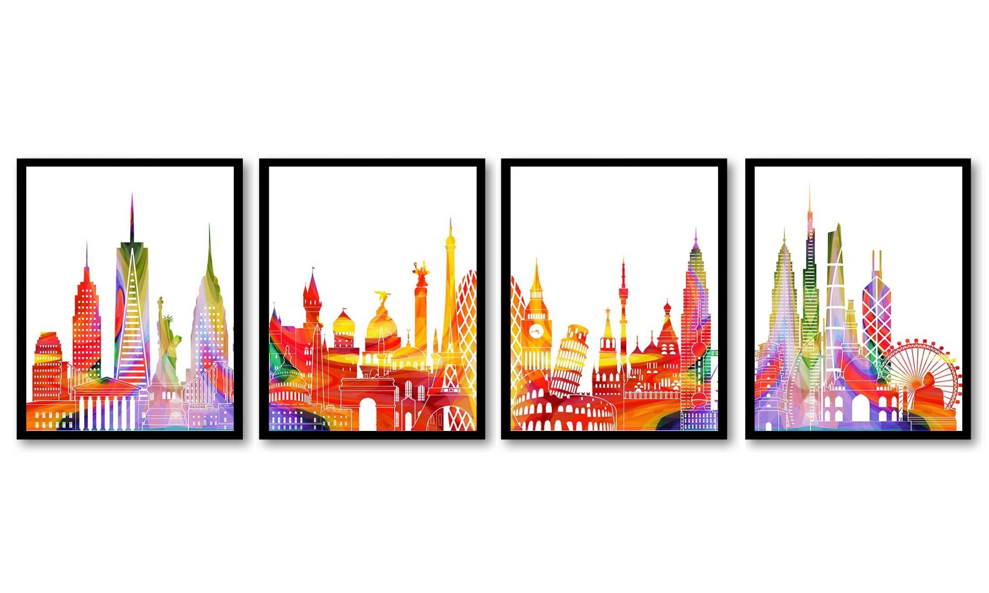 INSTANT DOWNLOAD World Skyline City Colorful Set of 4 Cityscape Red Purple Yellow Green Famous Landmarks Poster Print Landscape Art Painting