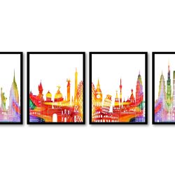 INSTANT DOWNLOAD World Skyline City Colorful Set of 4 Cityscape Red Purple Yellow Green Famous Landmarks Poster Print Landscape Art Painting