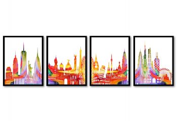 INSTANT DOWNLOAD World Skyline City Colorful Set of 4 Cityscape Red Purple Yellow Green Famous Landmarks Poster Print Landscape Art Painting