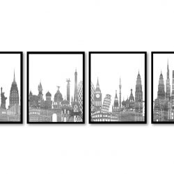 INSTANT DOWNLOAD World Skyline City Grey White Set of 4  Cityscape Famous Landmarks Poster Print Globe Map Modern Landscape Art Painting