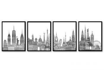 INSTANT DOWNLOAD World Skyline City Grey White Set of 4  Cityscape Famous Landmarks Poster Print Globe Map Modern Landscape Art Painting