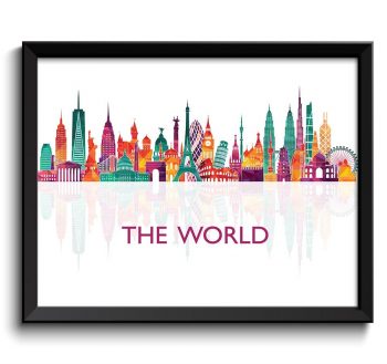 INSTANT DOWNLOAD World Skyline City Name Blue Teal Purple Peach Colorful Cityscape Famous Landmark Poster Print Globe Landscape Art Painting