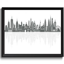 INSTANT DOWNLOAD World Skyline Grey Watercolor Painting City Cityscape Famous Landmarks World Poster World Print Globe Modern Landscape Art