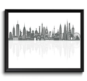 INSTANT DOWNLOAD World Skyline Grey Watercolor Painting City Cityscape Famous Landmarks World Poster World Print Globe Modern Landscape Art