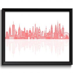 INSTANT DOWNLOAD World Skyline Pink Coral Watercolor Painting City Cityscape Famous Landmarks World Poster Print Globe Modern Landscape Art