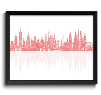 INSTANT DOWNLOAD World Skyline Pink Coral Watercolor Painting City Cityscape Famous Landmarks World Poster Print Globe Modern Landscape Art