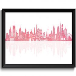 INSTANT DOWNLOAD World Skyline Pink Watercolor Painting City Cityscape Famous Landmarks World Poster World Print Globe Modern Landscape Art