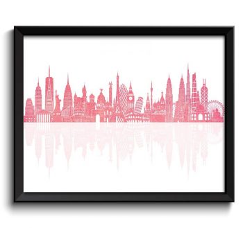 INSTANT DOWNLOAD World Skyline Pink Watercolor Painting City Cityscape Famous Landmarks World Poster World Print Globe Modern Landscape Art