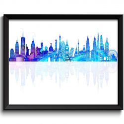 INSTANT DOWNLOAD World Skyline Purple Aqua Blue Turquoise Watercolor Painting Cityscape Famous Landmarks World Poster Print Landscape Art