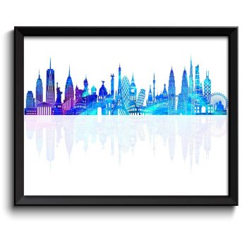 INSTANT DOWNLOAD World Skyline Purple Aqua Blue Turquoise Watercolor Painting Cityscape Famous Landmarks World Poster Print Landscape Art