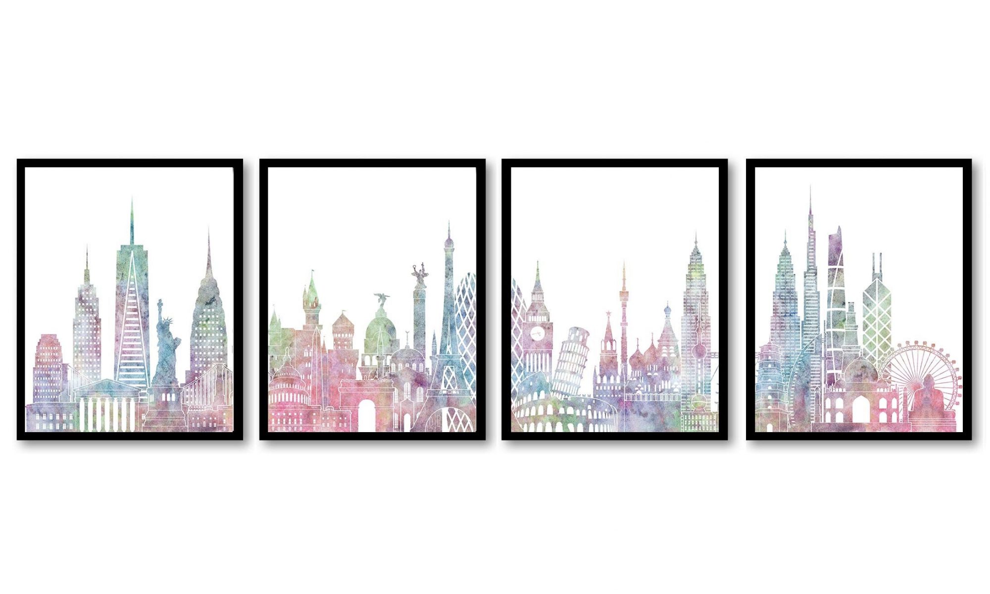 INSTANT DOWNLOAD World Skyline Set of 4 City Cityscape Pastel Pink Purple Blue Green Famous Landmarks Poster Print Landscape Art Painting