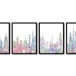 INSTANT DOWNLOAD World Skyline Set of 4 City Cityscape Pastel Pink Purple Blue Green Famous Landmarks Poster Print Landscape Art Painting