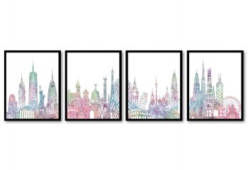 INSTANT DOWNLOAD World Skyline Set of 4 City Cityscape Pastel Pink Purple Blue Green Famous Landmarks Poster Print Landscape Art Painting