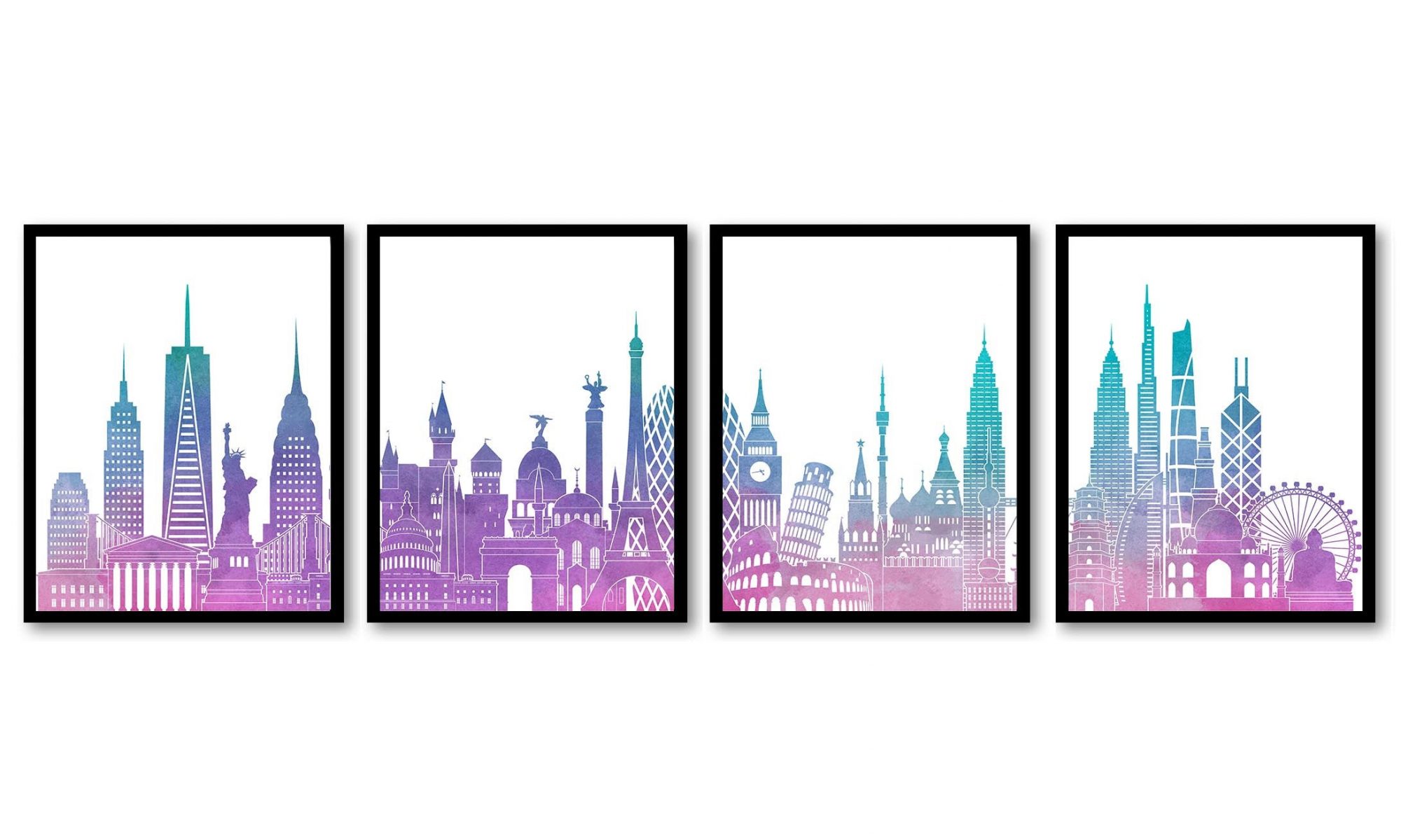 INSTANT DOWNLOAD World Skyline Set of 4 City Cityscape Pink Purple Turquoise Blue Famous Landmarks Poster Print Landscape Art Painting