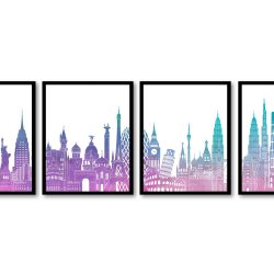 INSTANT DOWNLOAD World Skyline Set of 4 City Cityscape Pink Purple Turquoise Blue Famous Landmarks Poster Print Landscape Art Painting