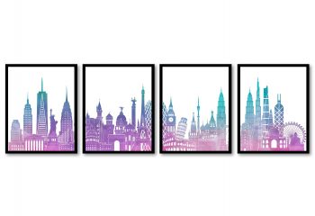 INSTANT DOWNLOAD World Skyline Set of 4 City Cityscape Pink Purple Turquoise Blue Famous Landmarks Poster Print Landscape Art Painting